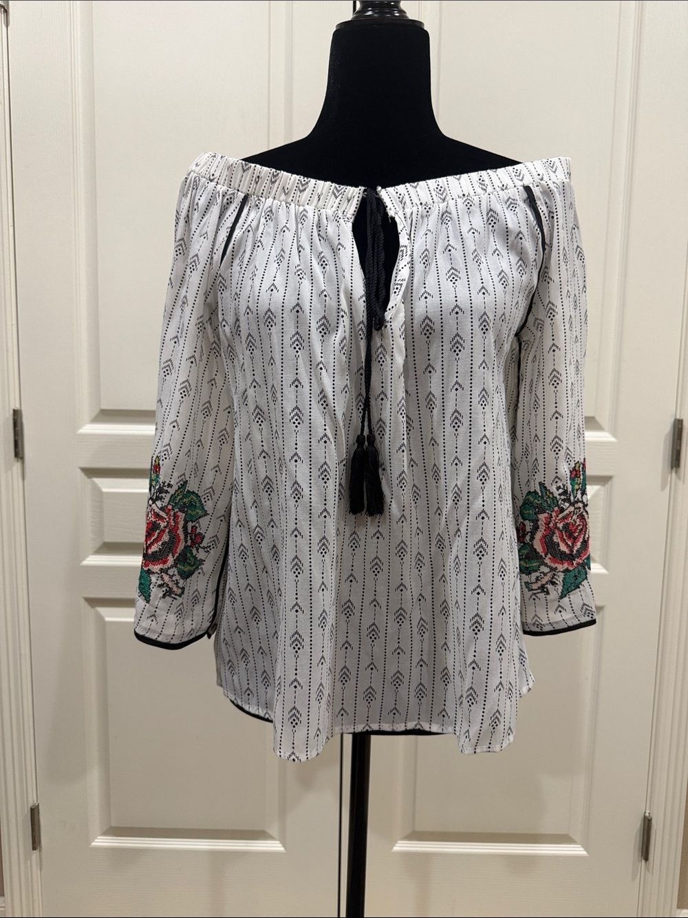 Alice Blue White Peasant Blouse with Floral Sleeve Embroidery
